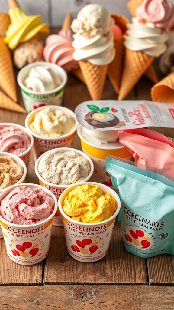 Colorful ice cream packaging displayed on a table, featuring various designs and materials.